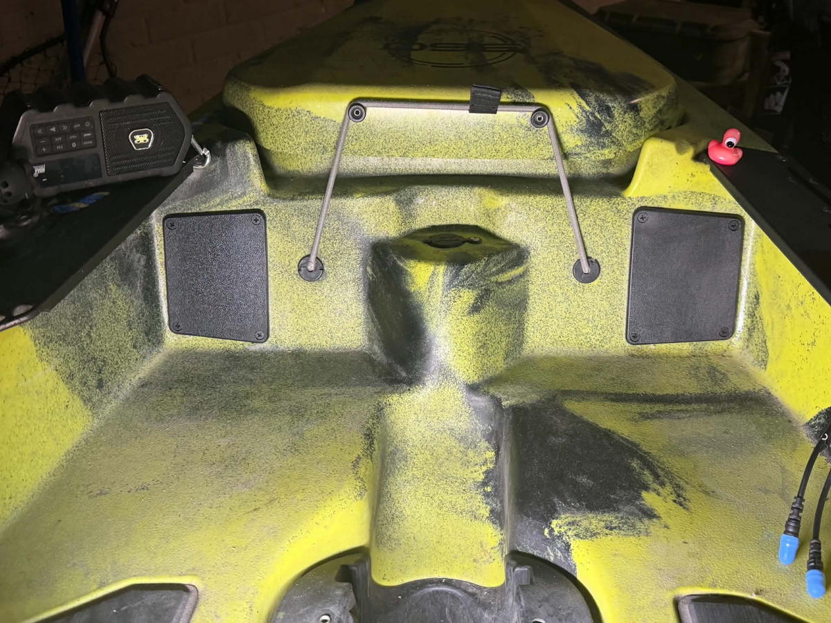 Customer-installed Hobie Pro Angler Rod Tube Delete Plates (2-Pack) on a Hobie kayak, showing clean fit in the rod tube slots